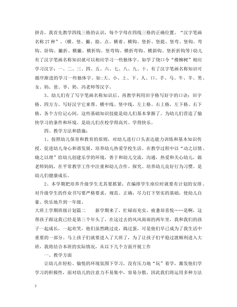 2020年大班上学期个人班级计划 _第2页