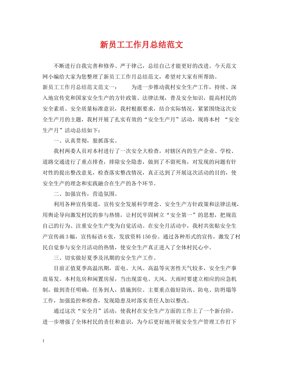 新员工工作月总结范文_第1页