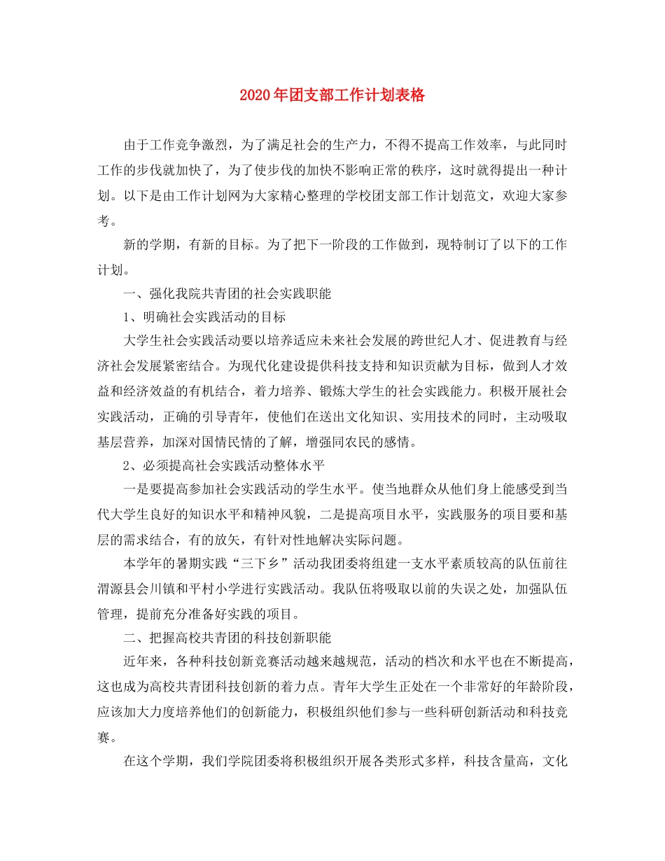 2020年团支部工作计划表格 _第1页