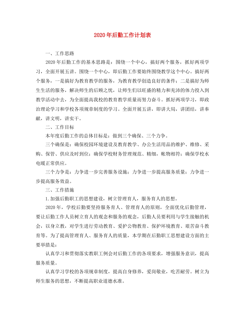 2020年后勤工作计划表 _第1页