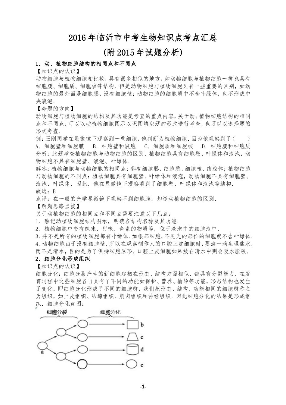 2016年临沂市中考生物知识点考点汇总（附2015年试题分析）_第1页
