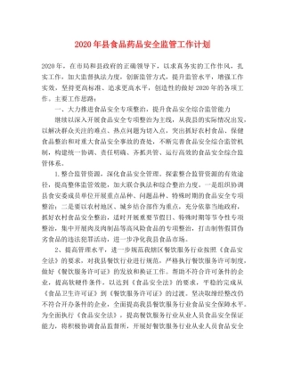 2020年县食品药品安全监管工作计划 