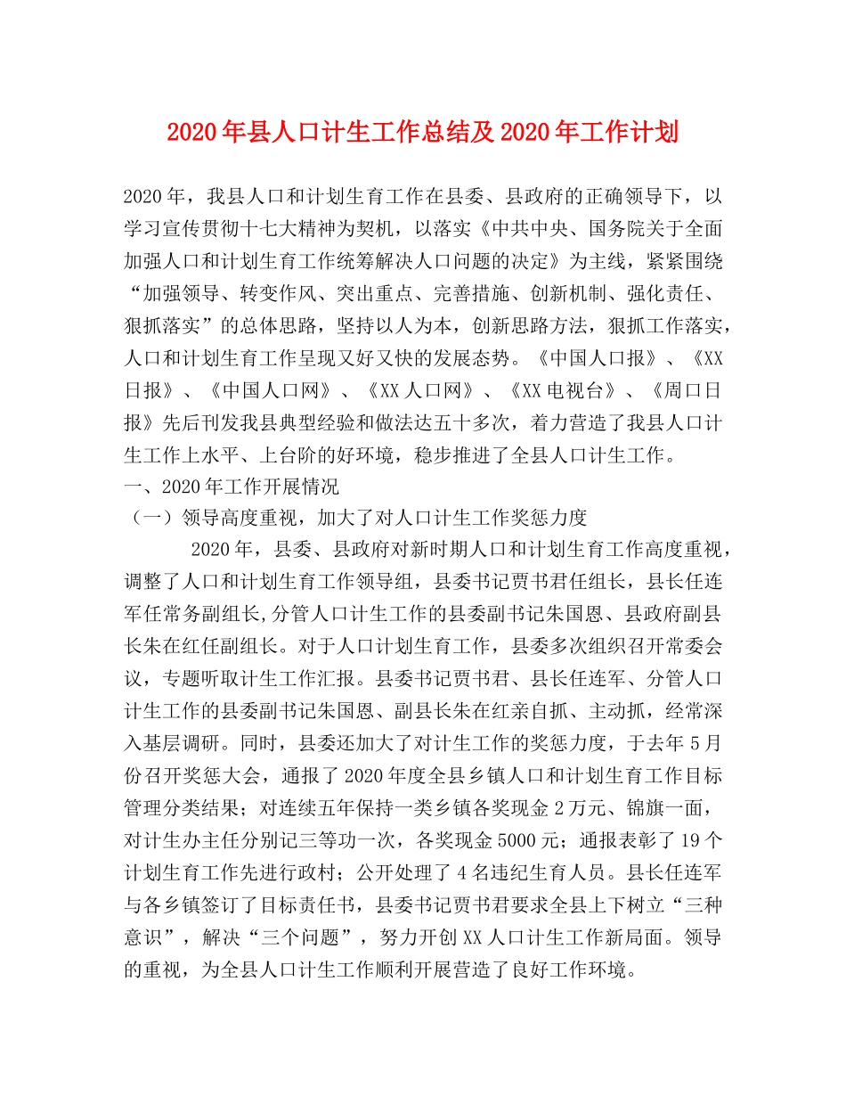 2020年县人口计生工作总结及2020年工作计划 _第1页