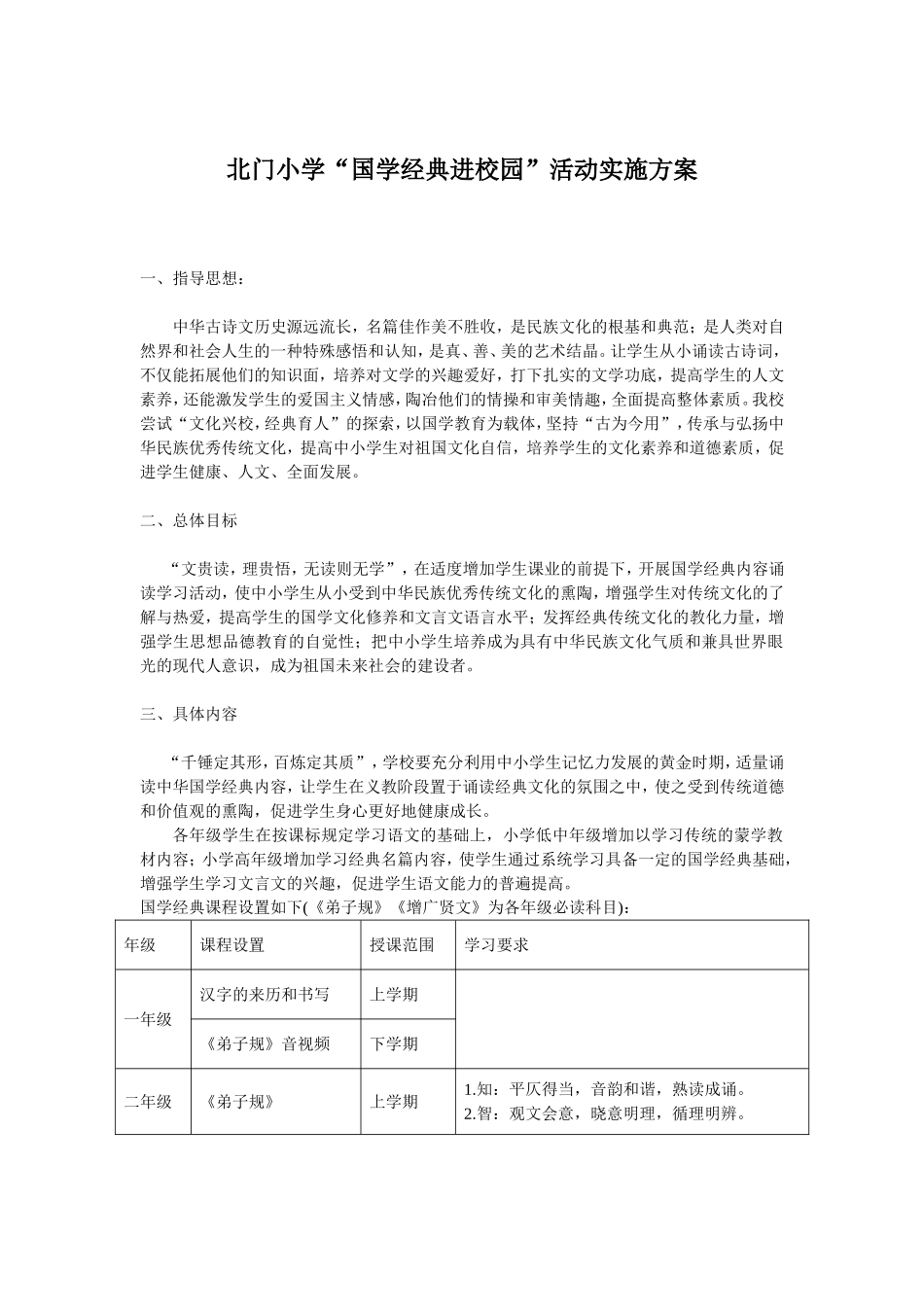 北门小学“国学经典进校园”活动实施方案_第1页