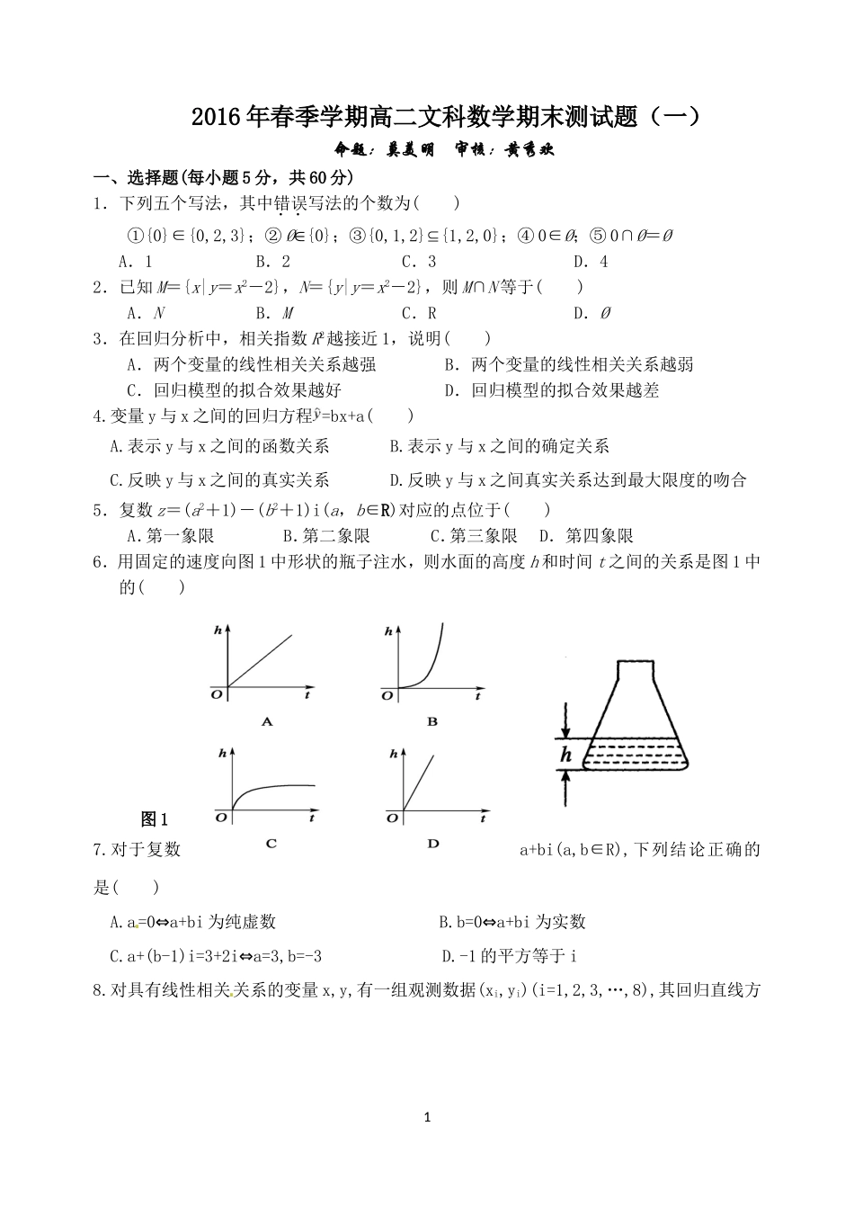 2016年春季学期高二文科数学期末测试题_第1页