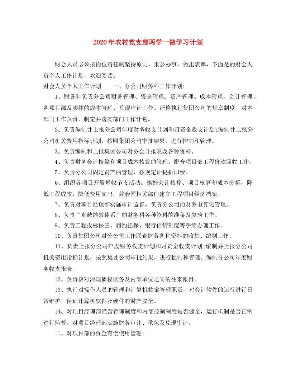 2020年农村党支部两学一做学习计划 _第1页