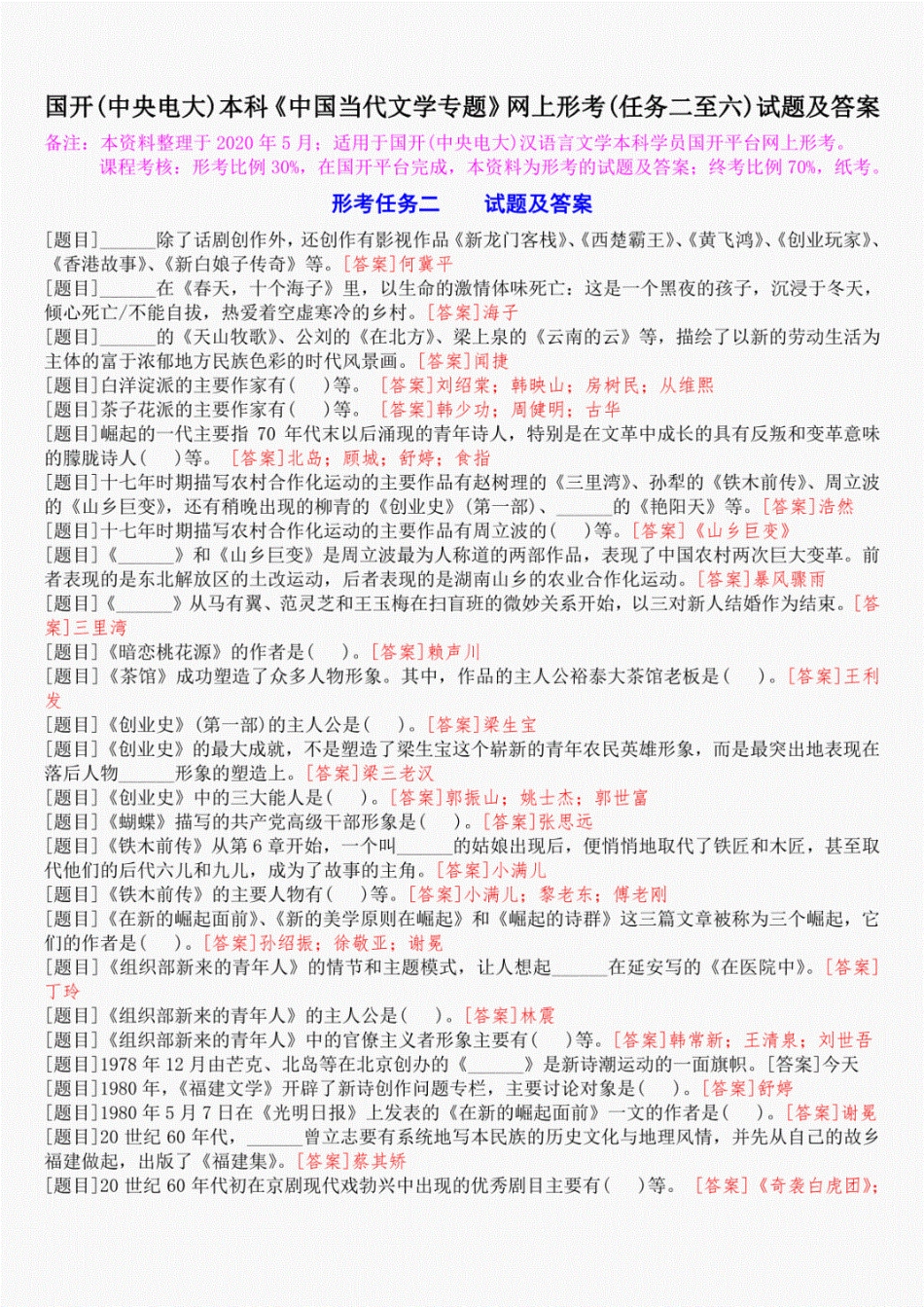 国开(中央电大)本科《中国当代文学专题》网上形考(任务二至六)试题及_第1页
