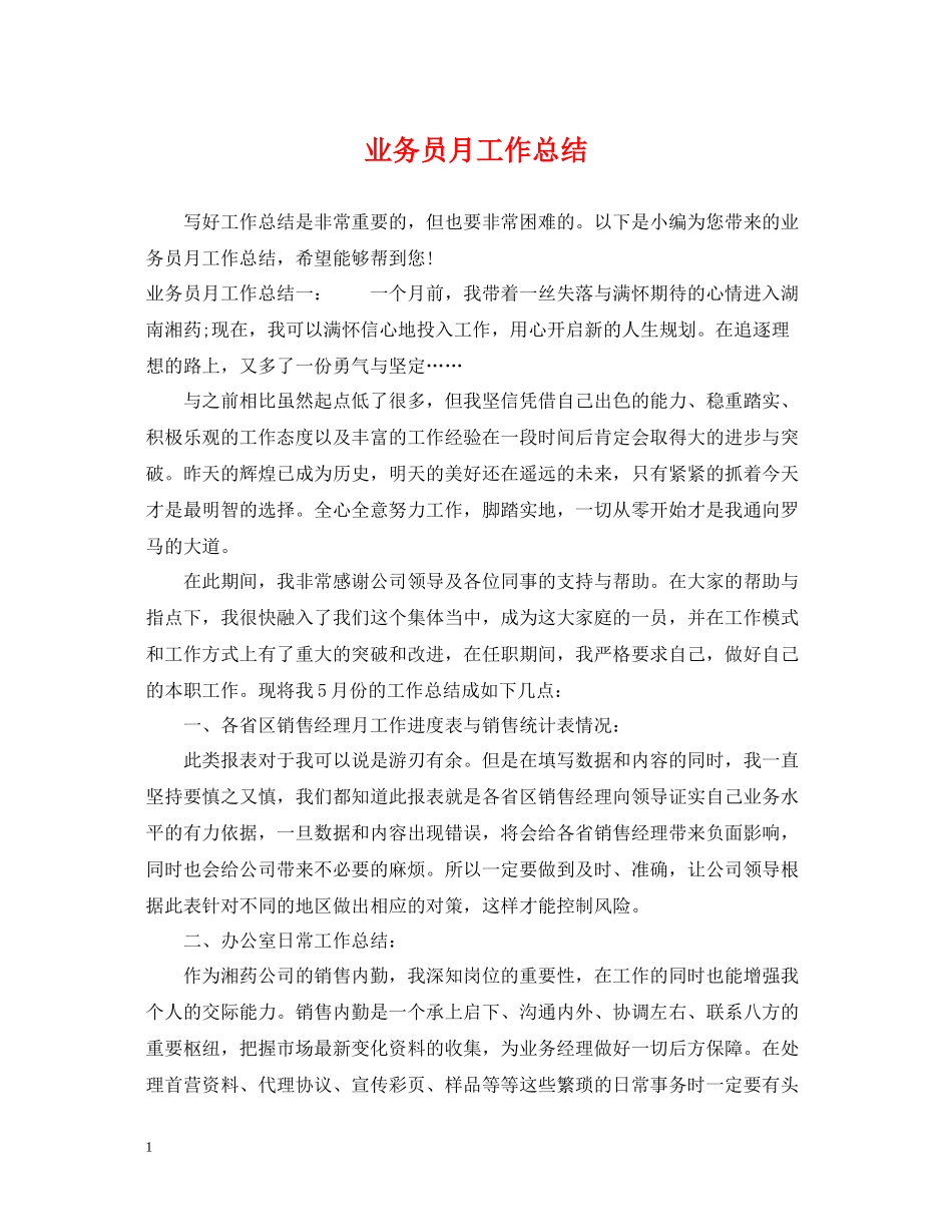 业务员月工作总结_第1页