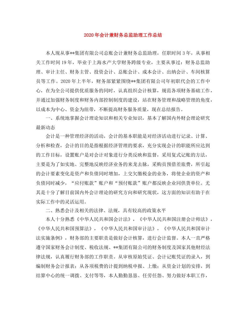 2020年会计兼财务总监助理工作总结 _第1页