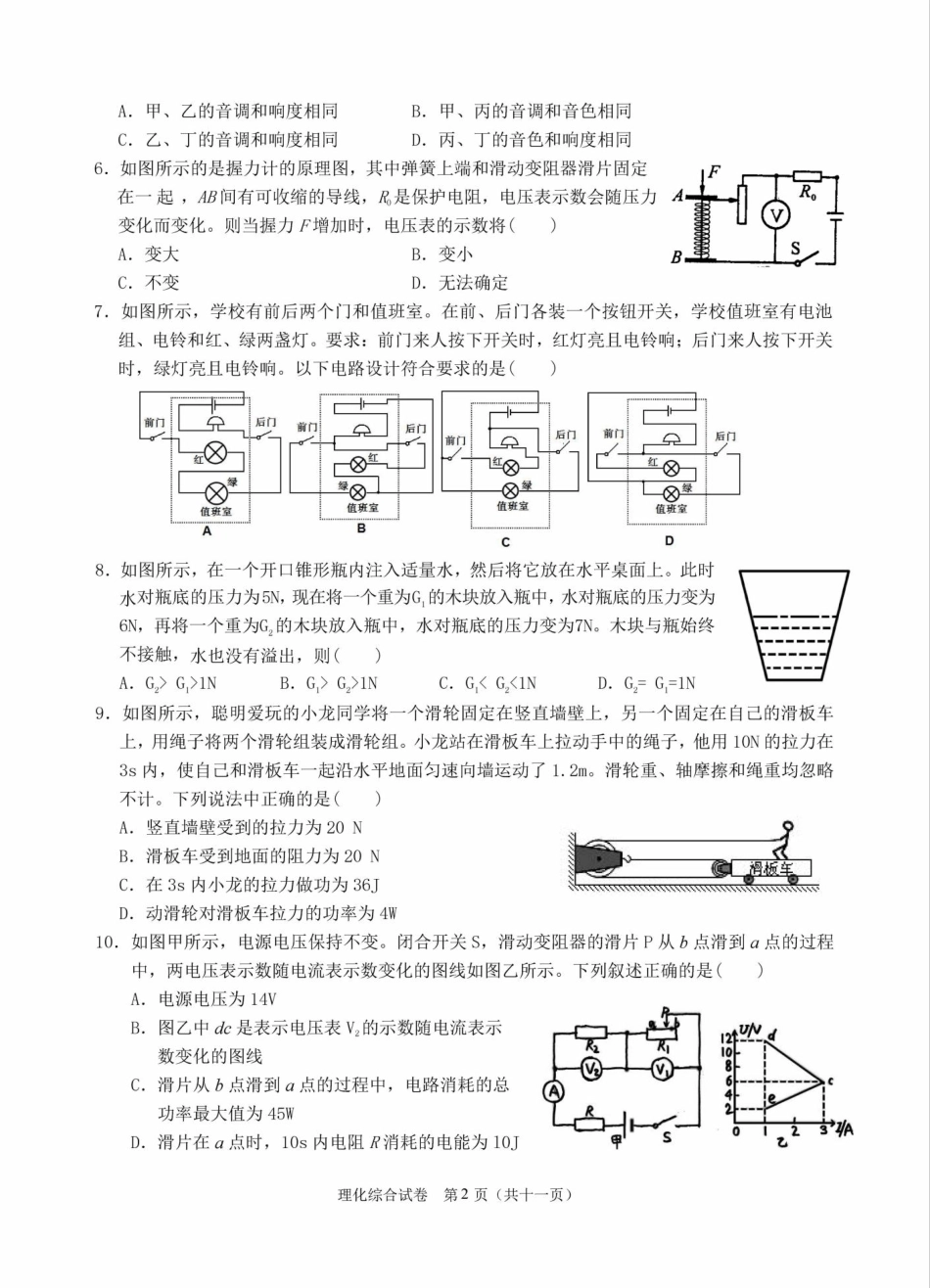 2021年高一入学实验班选拔考试(理化综合)物理试卷及答案 _第2页
