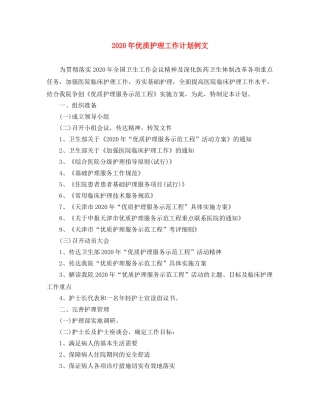 2020年优质护理工作计划例文 