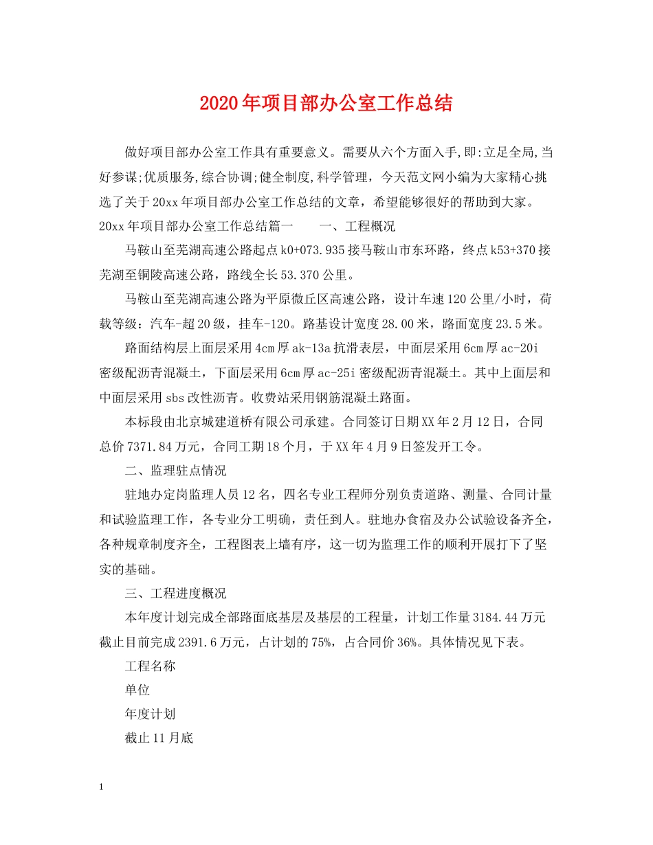 2020年项目部办公室工作总结_第1页