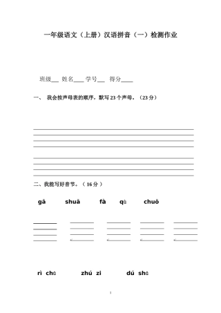 一年级一册拼音检测题(一）