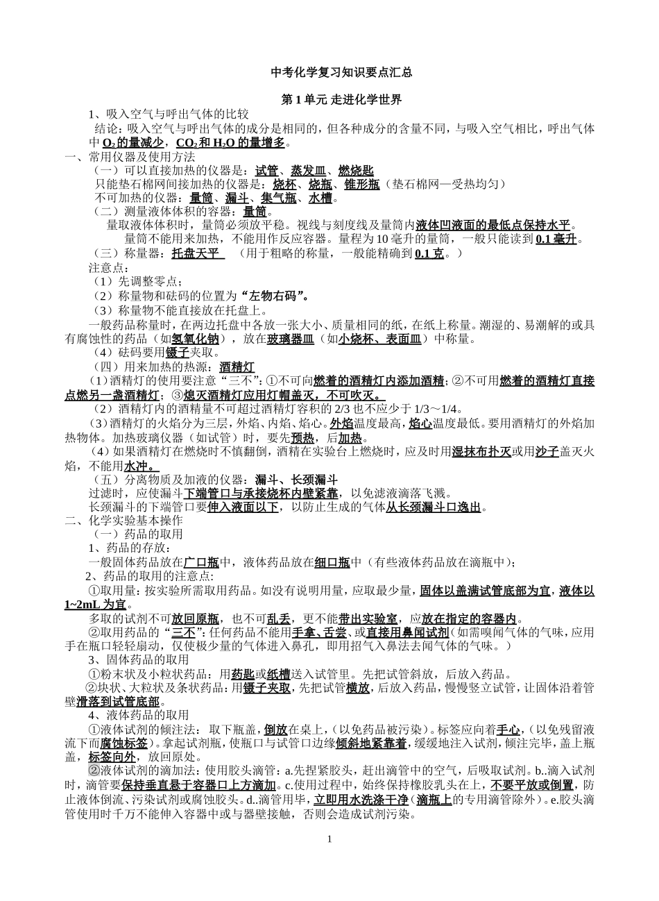 九年级化学上、下册知识点精简A4版(答案）_第1页