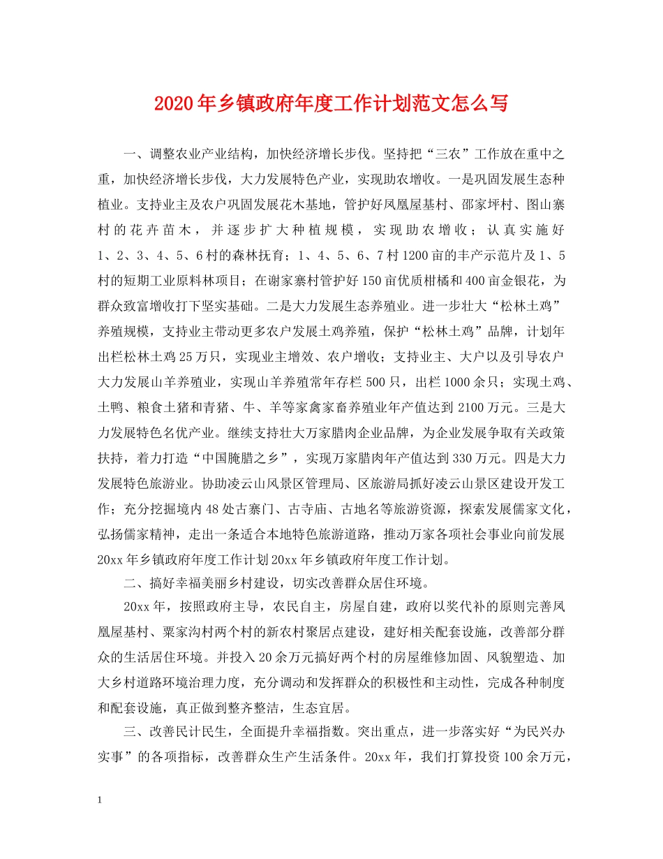 2020年乡镇政府年度工作计划范文怎么写 _第1页