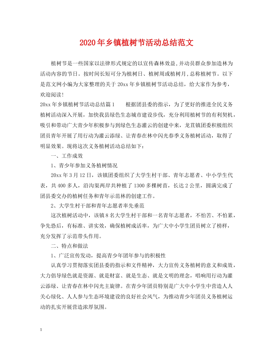 2020年乡镇植树节活动总结范文 _第1页