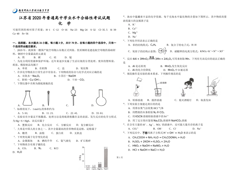 江苏省2020年学考化学试题_第1页