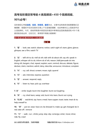高考完形填空常考的4类高频词450个高频词组，90%必考！