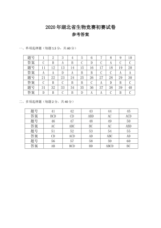 2020年湖北省生物竞赛初赛试卷参考答案