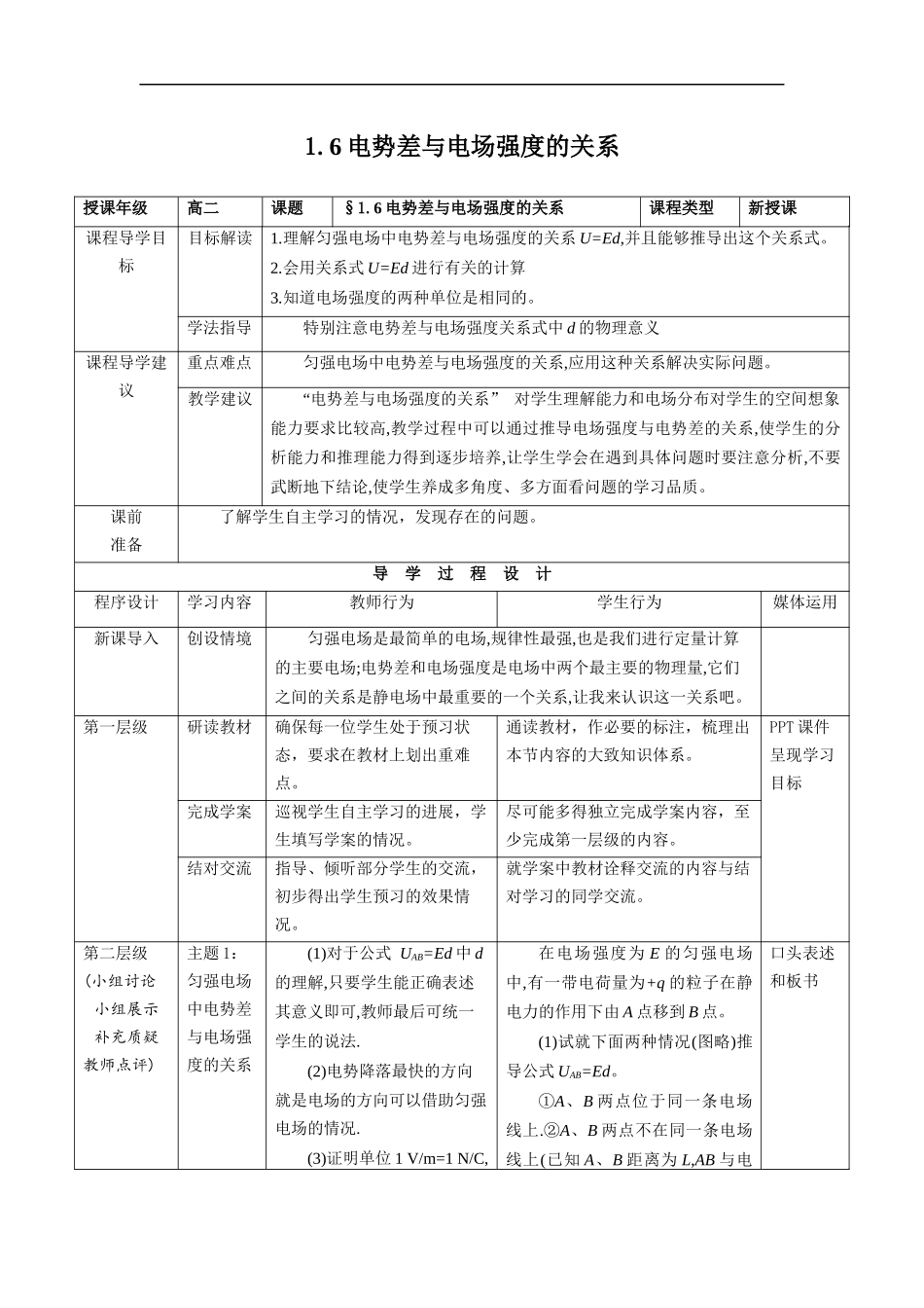 教学设计6：16电势差与电场强度的关系_第1页