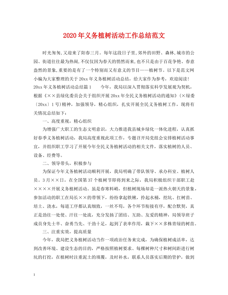 2020年义务植树活动工作总结范文 _第1页