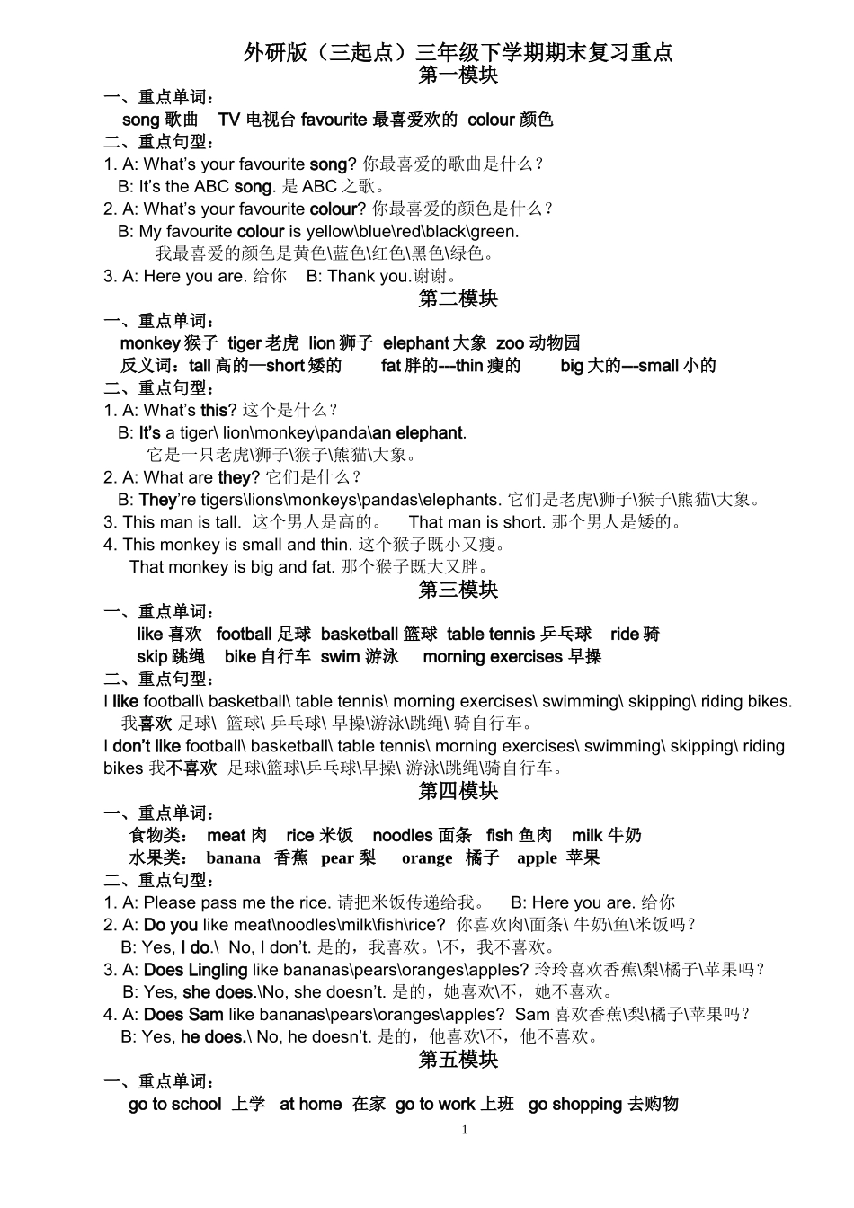 外研社三下各模块重难点期末复习资料打印版_第1页