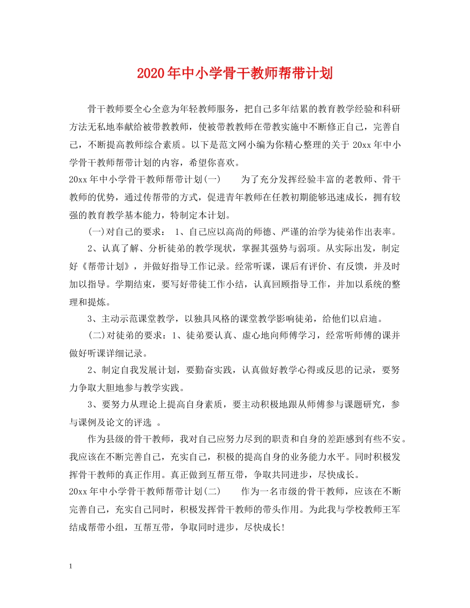2020年中小学骨干教师帮带计划 _第1页