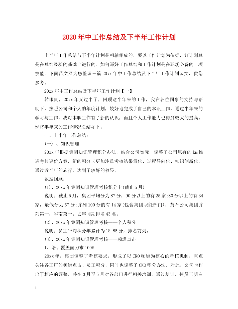 2020年中工作总结及下半年工作计划 _第1页