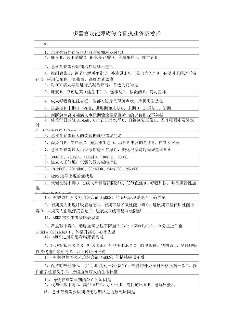 多器官功能障碍综合征执业资格考试_第1页