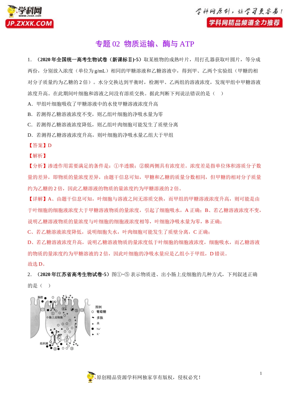 专题02物质运输、酶与ATP-三年（2018-2020）高考真题生物分项汇编（解析版）_第1页