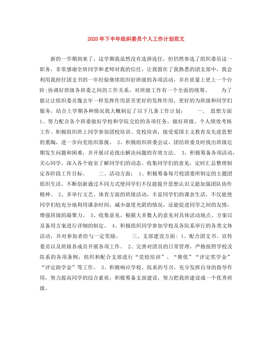 2020年下半年组织委员个人工作计划范文 _第1页