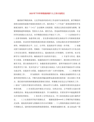 2020年下半年学院组织部个人工作计划范文 