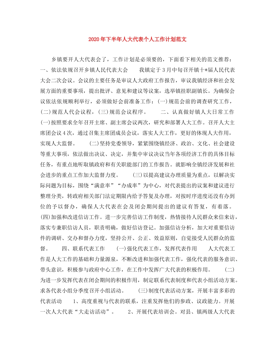 2020年下半年人大代表个人工作计划范文 _第1页