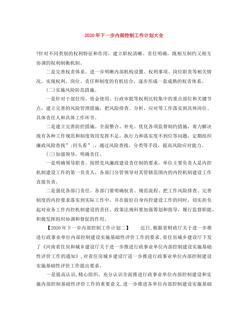 2020年下一步内部控制工作计划大全 _第1页