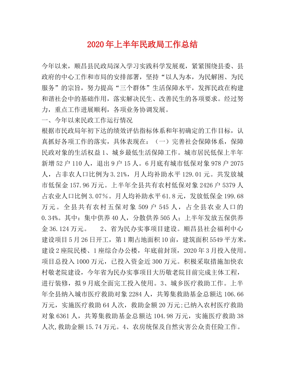 2020年上半年民政局工作总结 _第1页