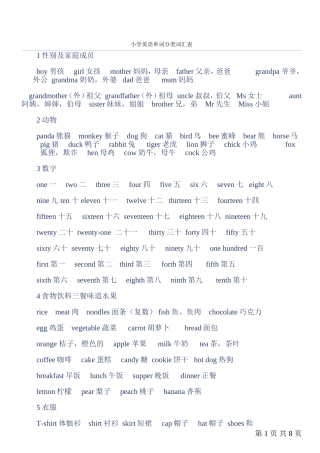 小学英语单词词汇分类表