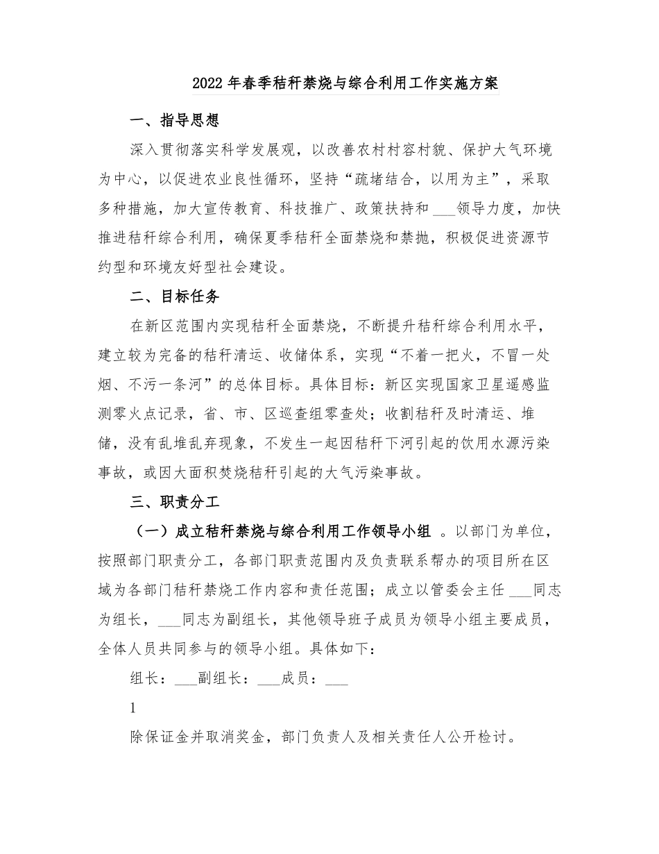 2022年春季秸秆禁烧与综合利用工作实施方案_第1页