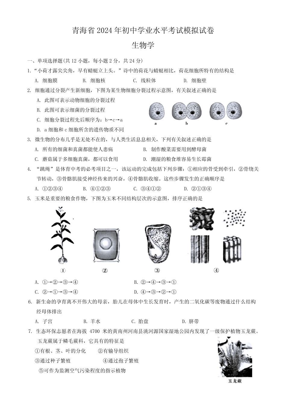 2024年青海省中考初中学业水平考试一模生物试题(含答案) _第1页