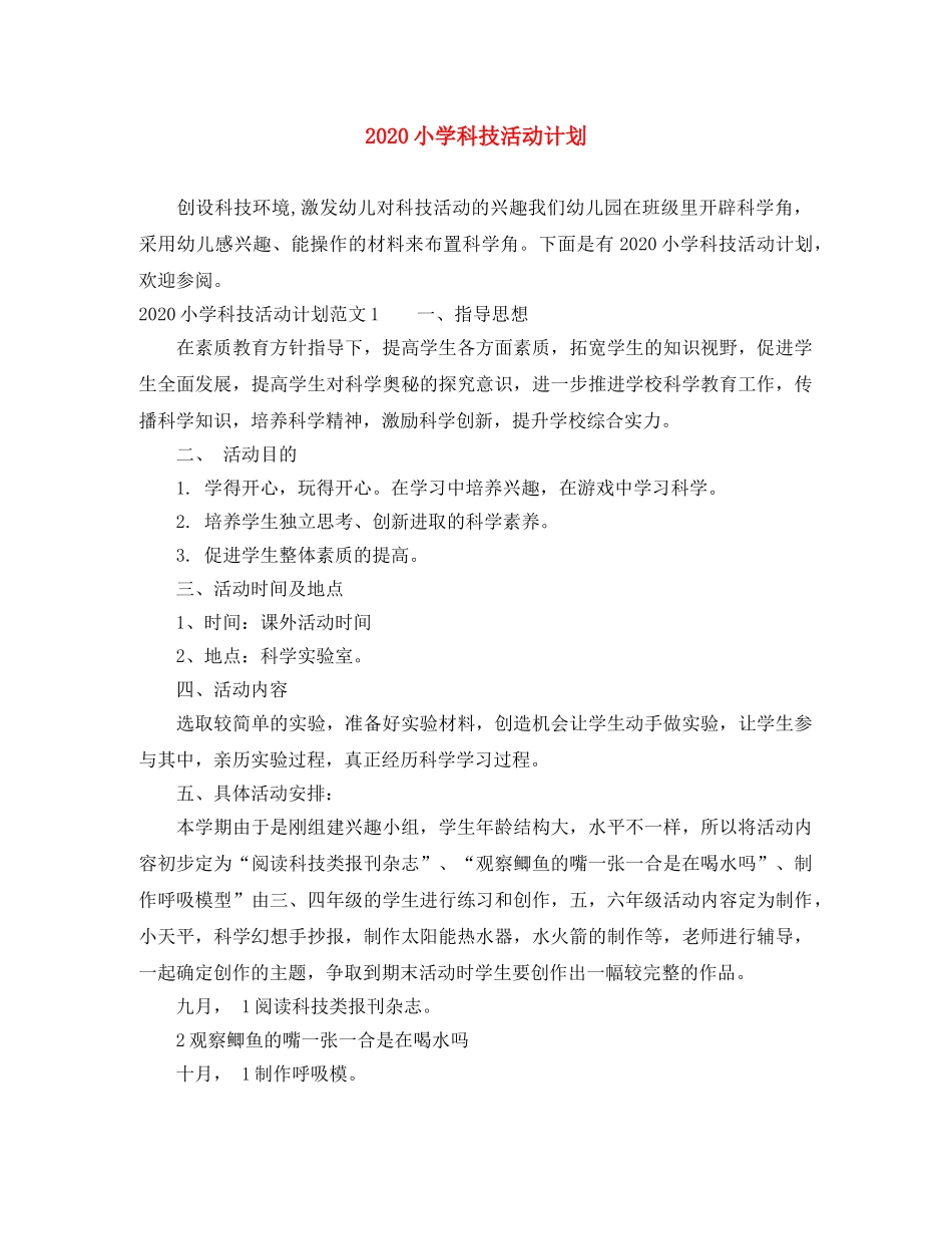 2020小学科技活动计划 _第1页