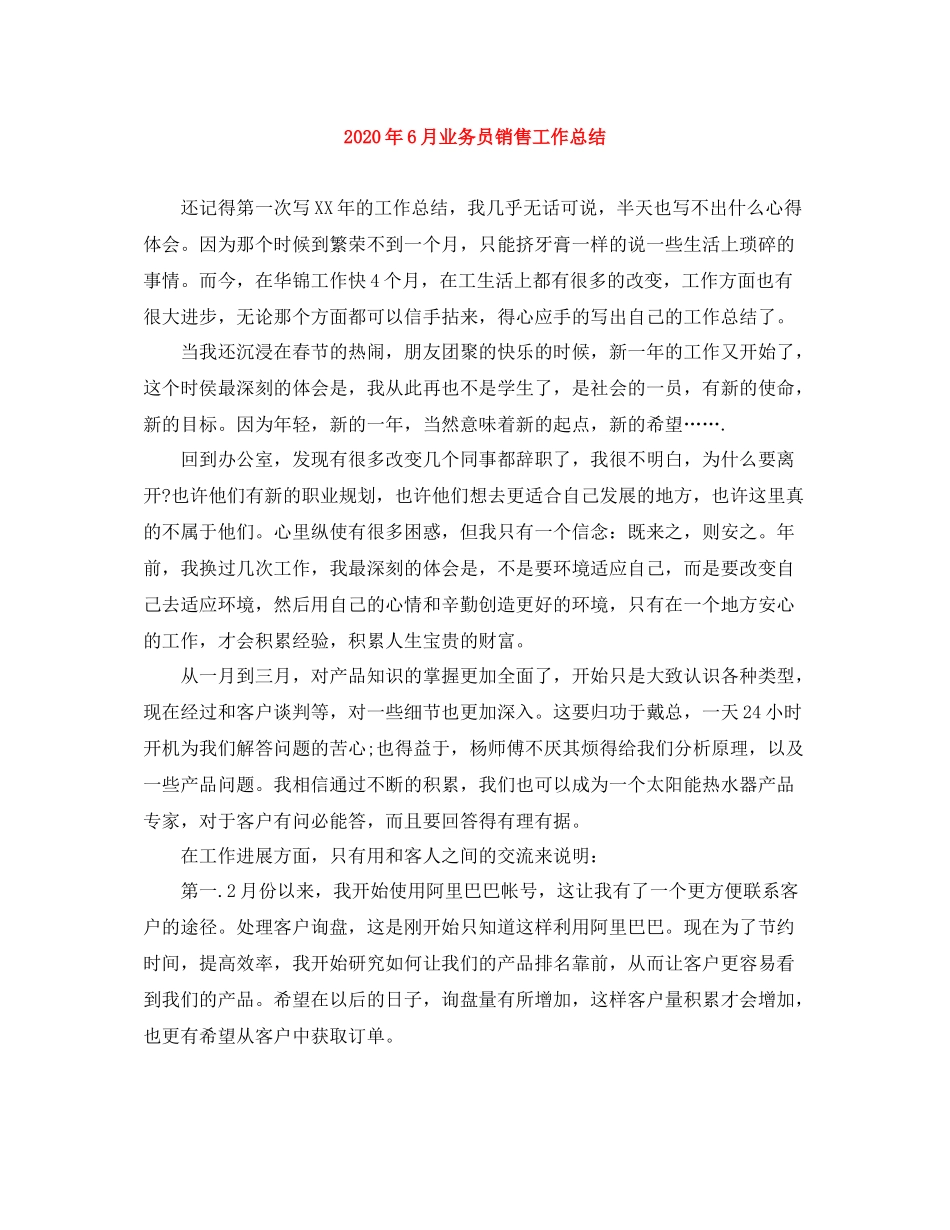 2020年6月业务员销售工作总结_第1页