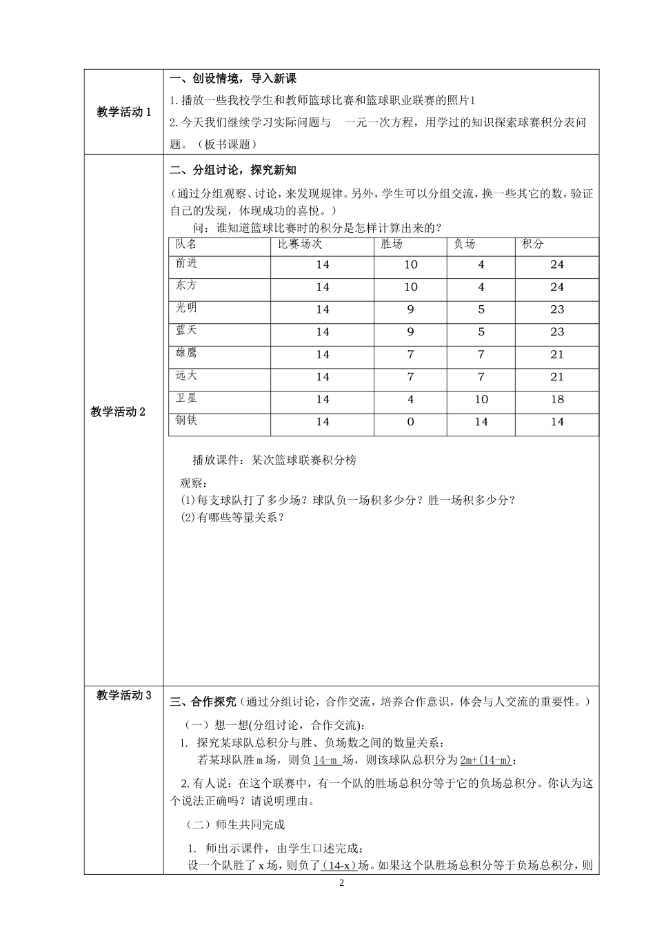 探究2球赛积分表问题教学设计_第2页