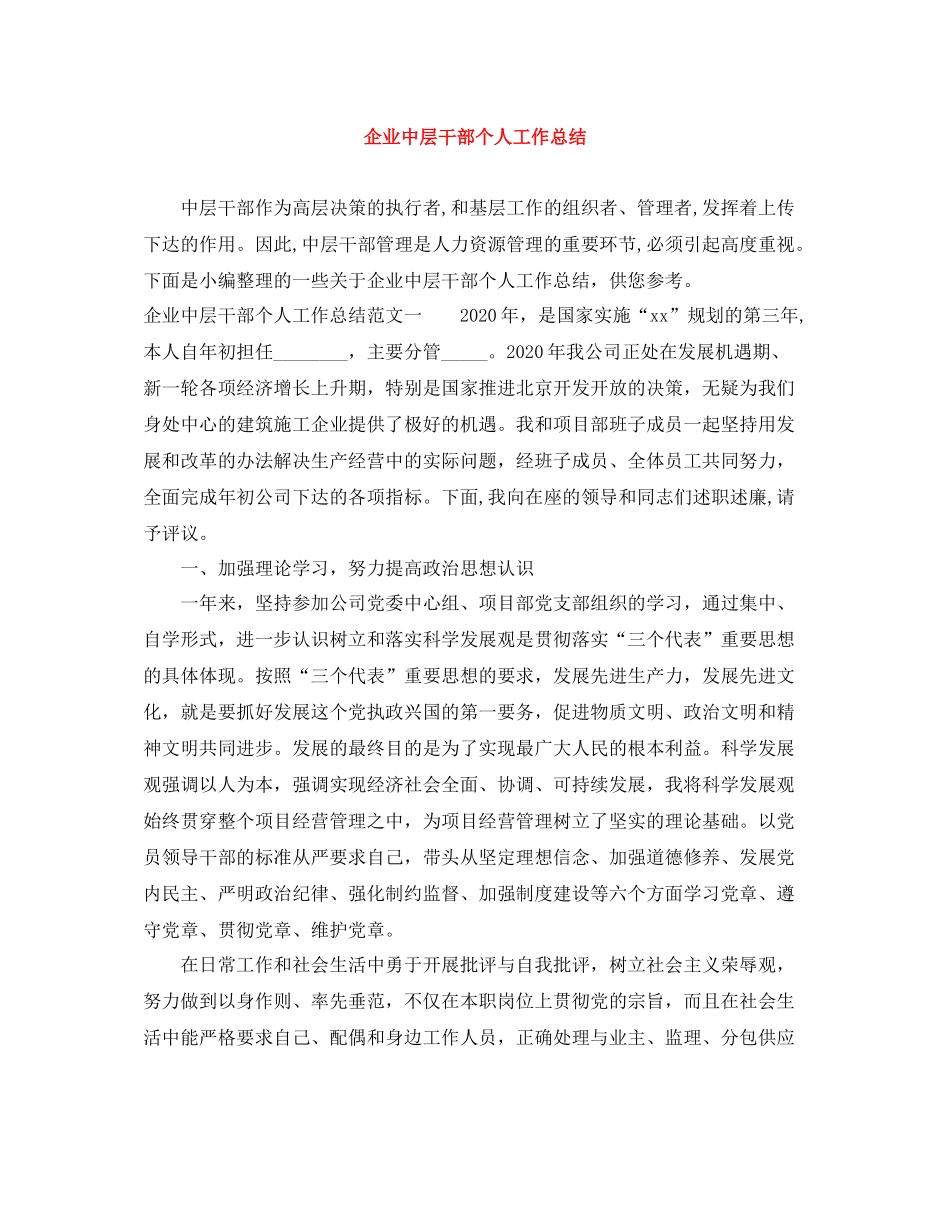企业中层干部个人工作总结_第1页