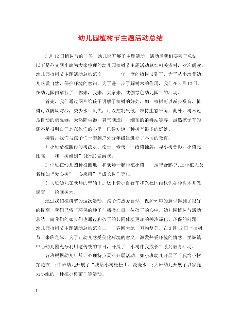 幼儿园植树节主题活动总结_第1页