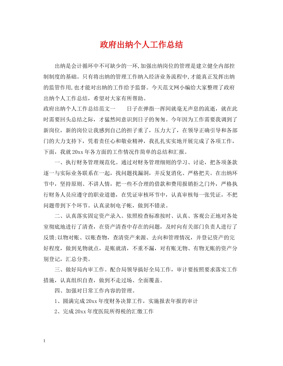 政府出纳个人工作总结_第1页