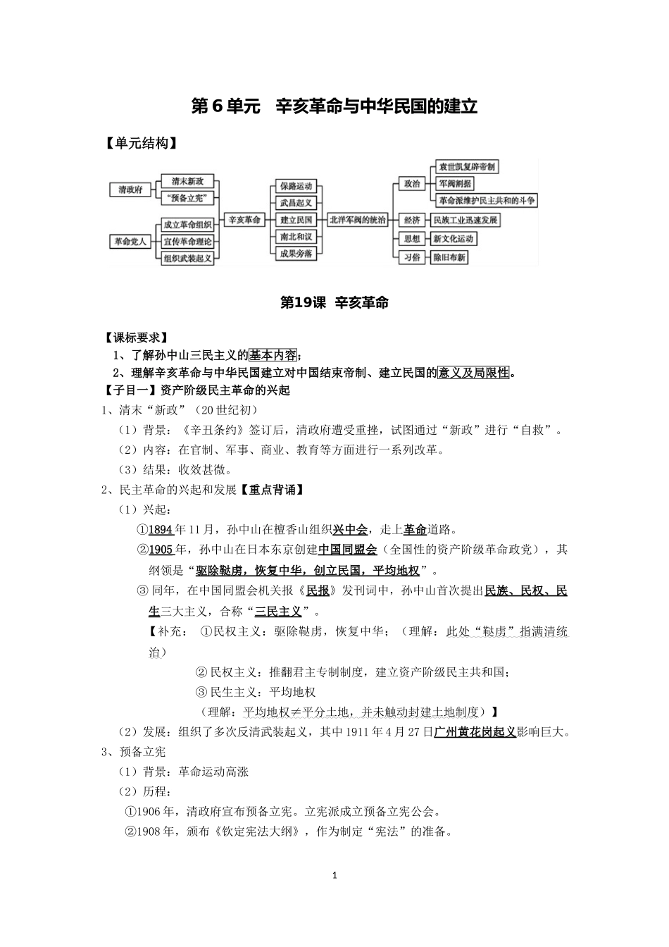 人教统编版高中历史必修中外历史纲要上第6单元辛亥革命与中华民国的建立背诵提纲_第1页