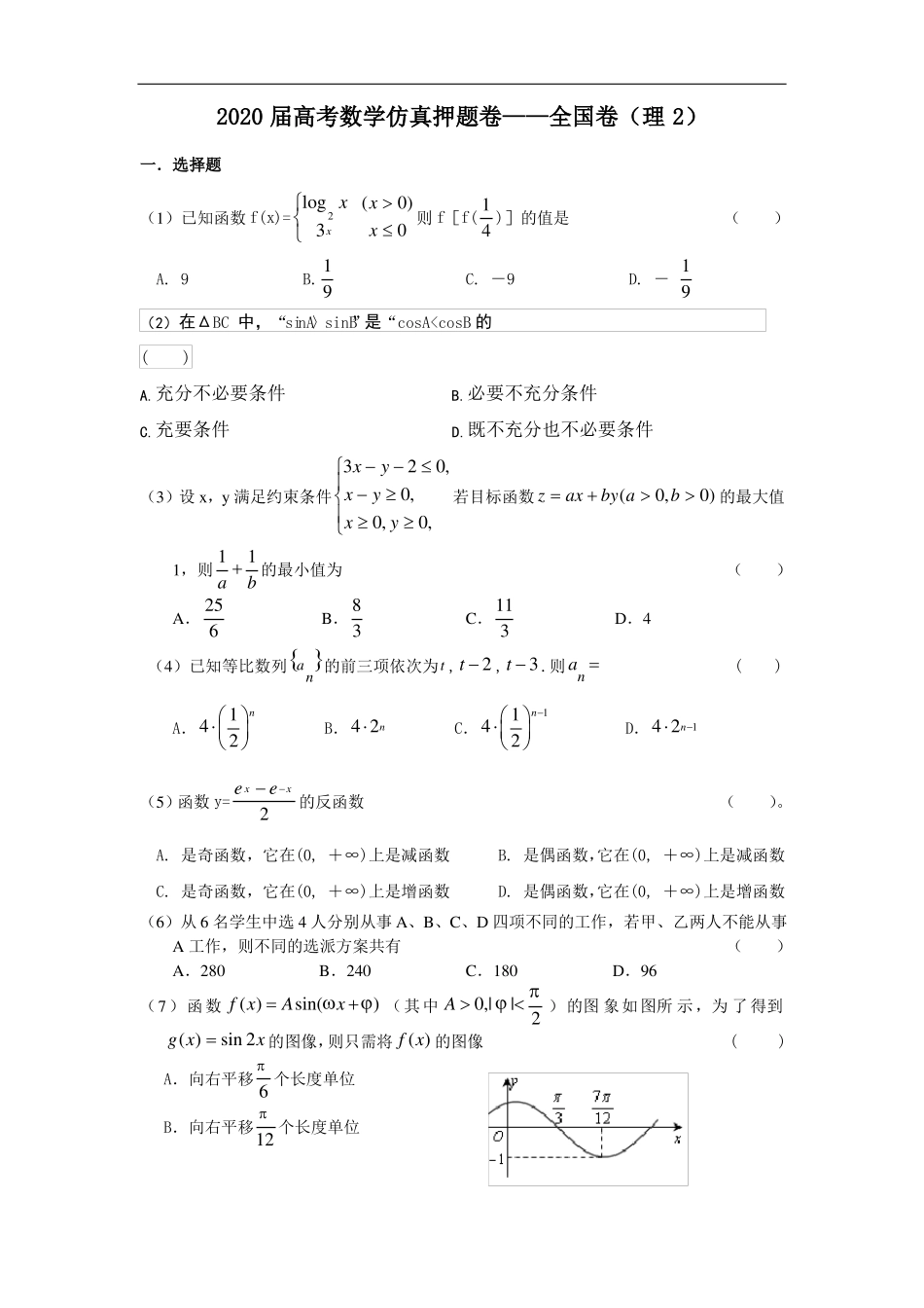 2020届高考数学仿真押题卷_第1页