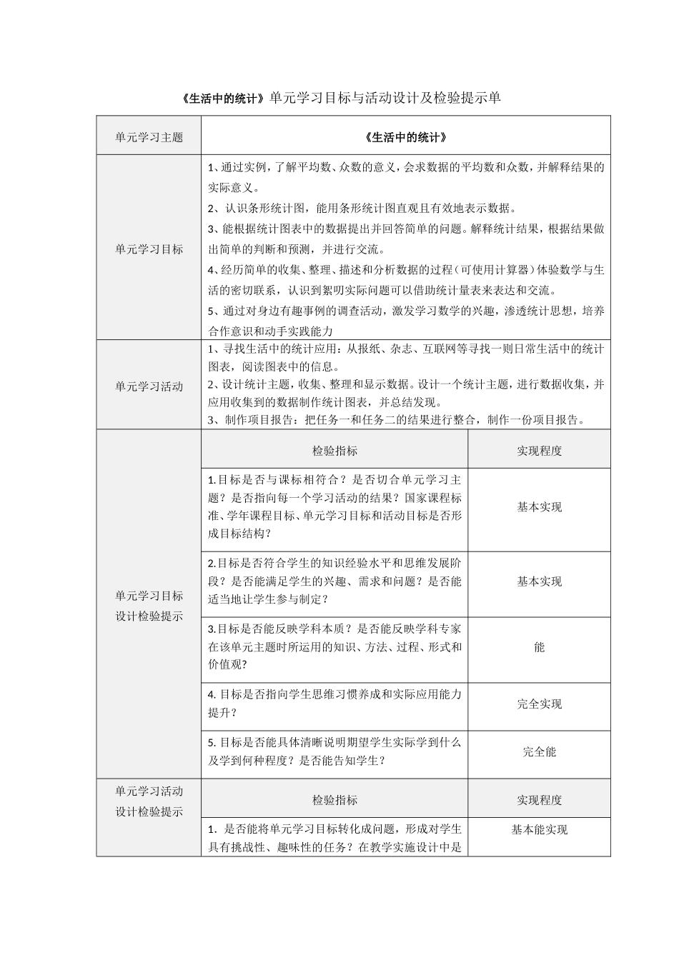 《生活中的统计》单元学习目标与活动设计及检验提示单_第1页