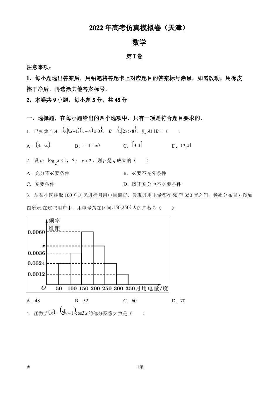 2022届天津高考仿真卷数学试题版_第1页