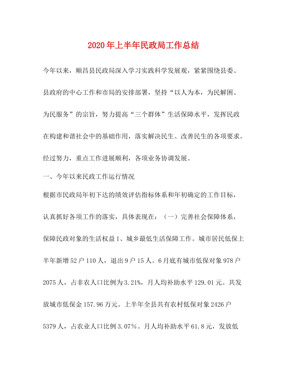 2020年上半年民政局工作总结_第1页