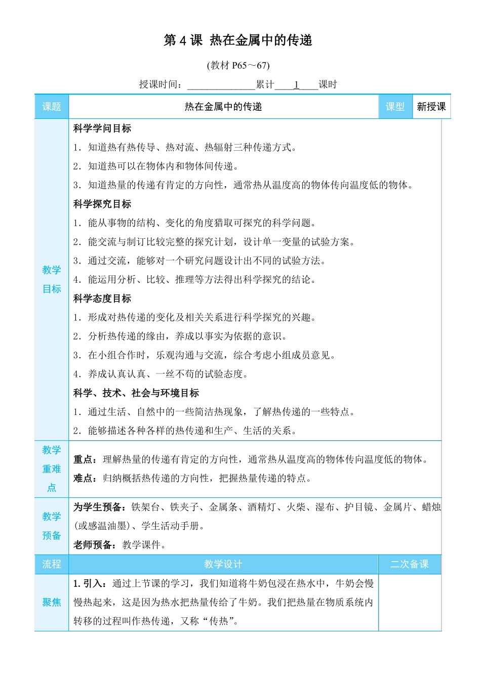 教科版下册教学设计第4课热在金属中的传递_第1页